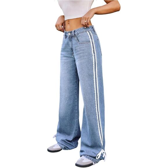 Denim - Women's Wide Leg Denim Jeans Light Wash High Waist Side Stripe Pockets
